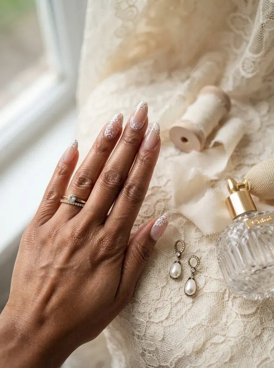White lace pattern deep French tips on almond nails with warm skin