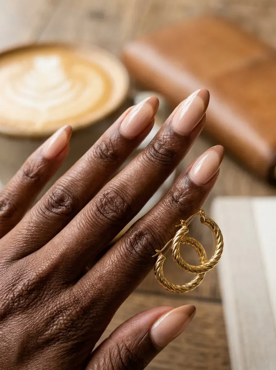 Latte beige French tips on almond nails with rich brown skin