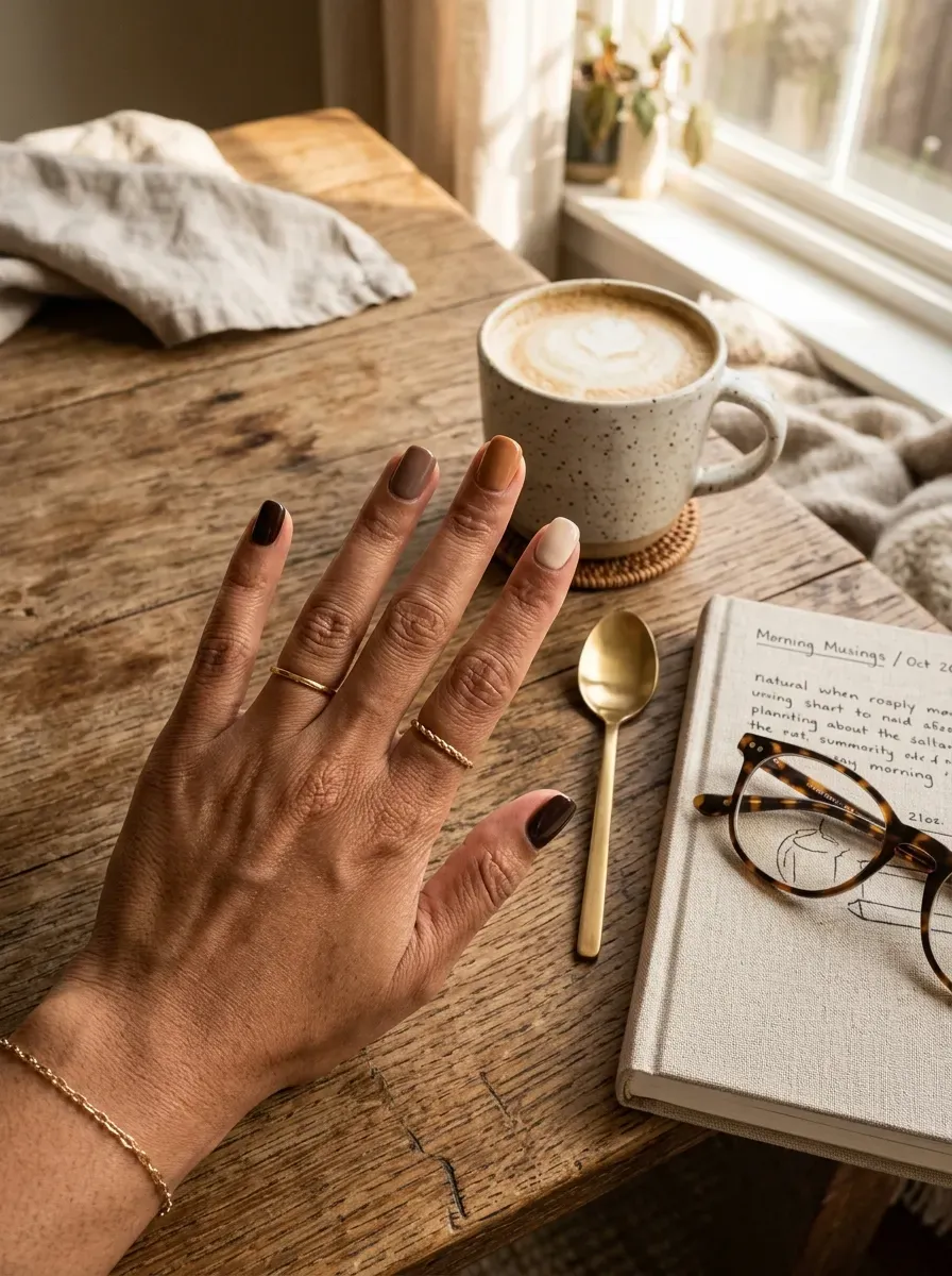 Neutral nails graduating from cream to espresso on warm brown skin