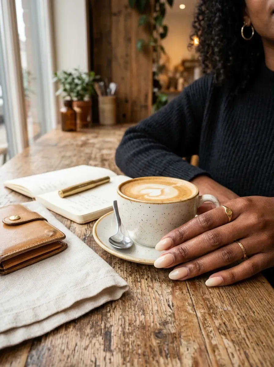 Latte beige French ombré on oval nails with rich brown skin