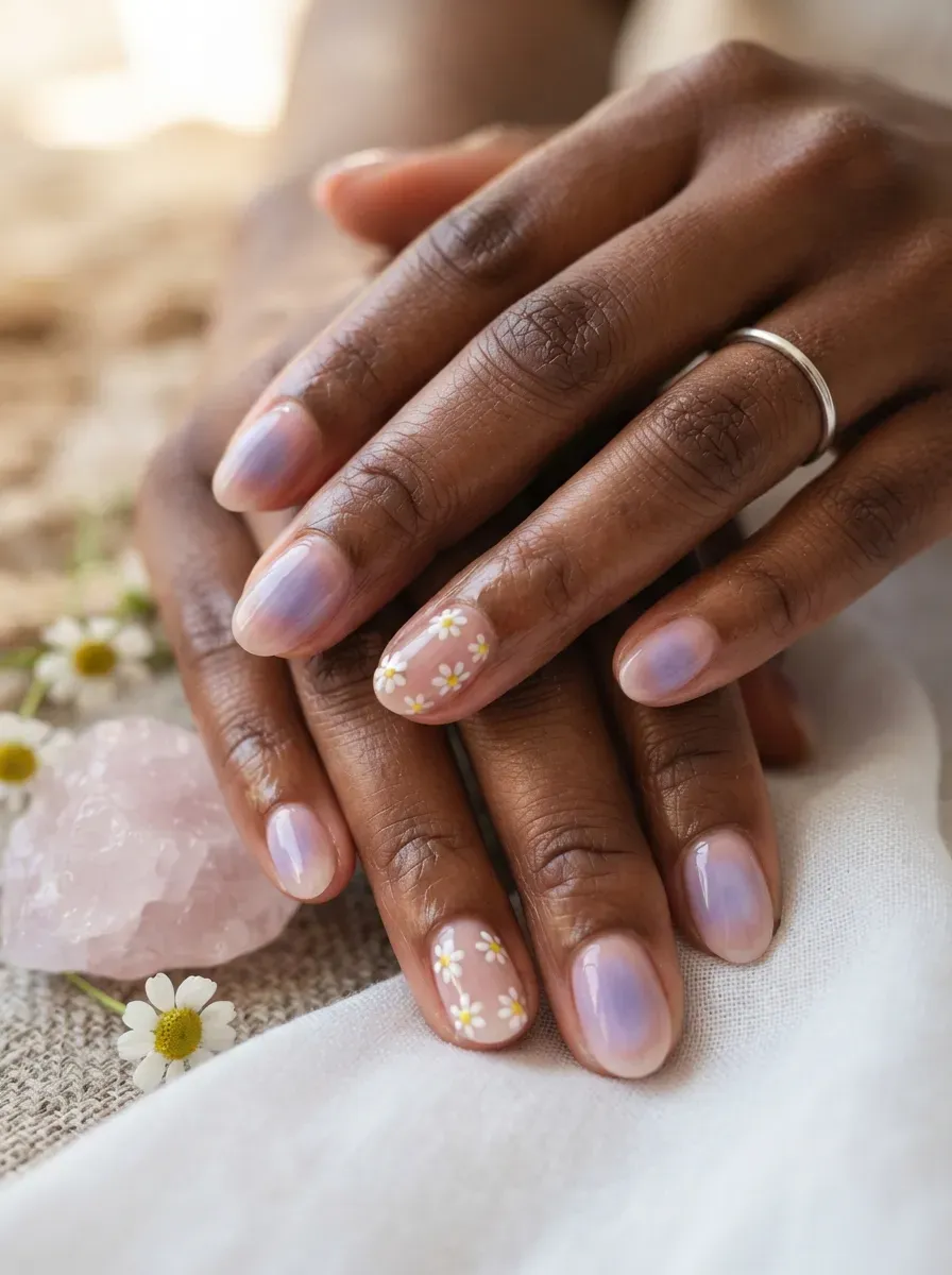 Lavender aura nails with soft purple centers and small white daisies
