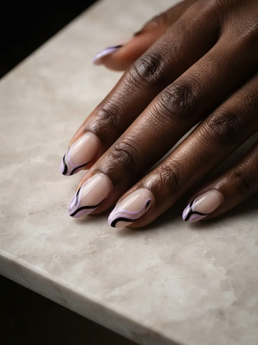 Medium almond nails with lavender and black swirl tips on rich dark skin