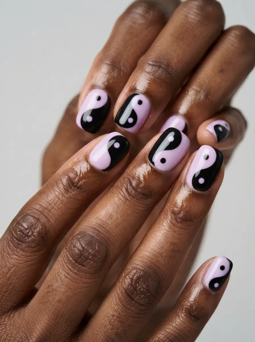 Lavender and black yin-yang nails with glossy finish on deep brown skin