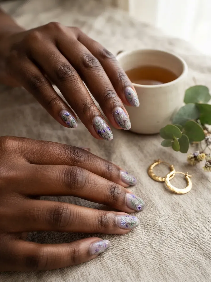 Lavender botanical nails featuring muted sage leaves and delicate purple flowers