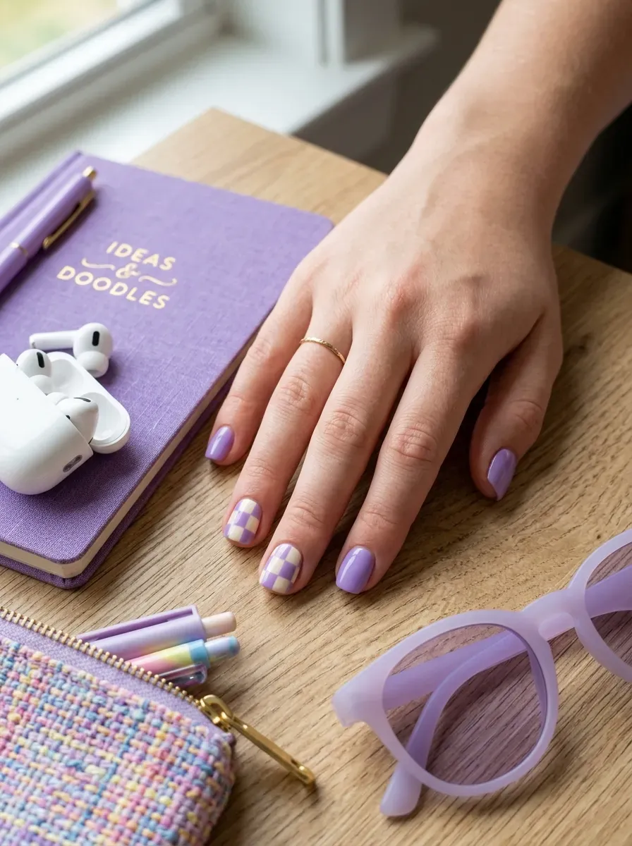 Short lavender nails with checkerboard patterns on two accent fingers