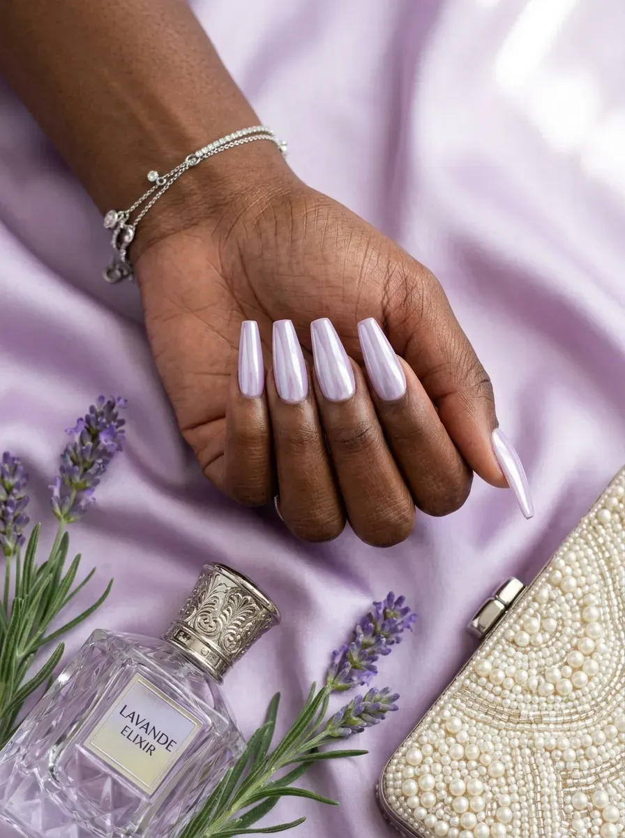 Long lavender chrome ballerina nails reflecting light on dark brown skin