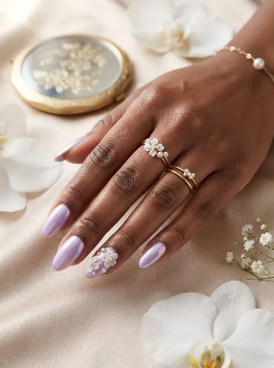 Lavender chrome nails with small hand-painted white flowers on almond tips
