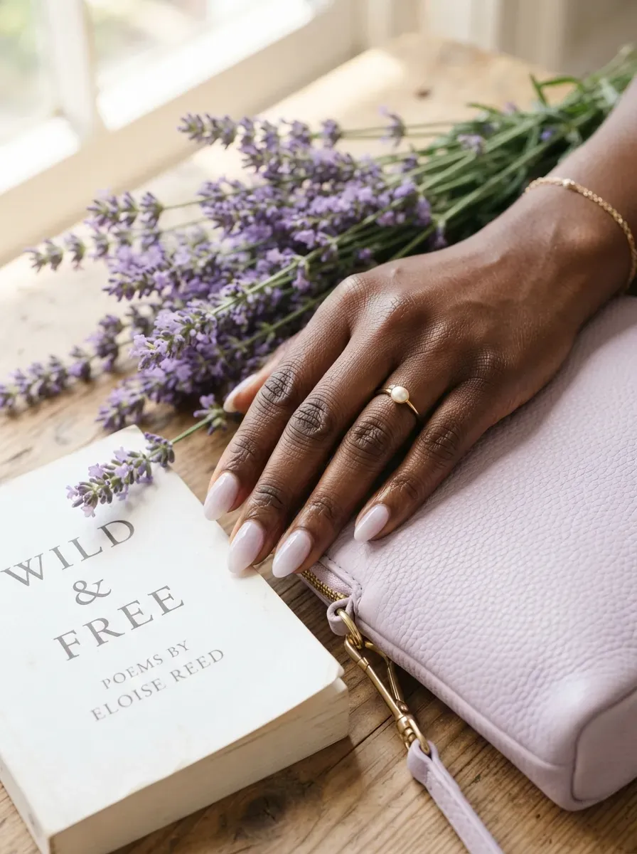 Lavender deep French tips on almond nails with deep brown skin