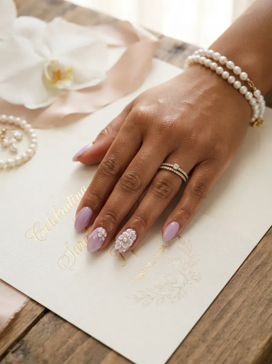 Lavender floral nails with tiny pearl centers on sculpted white blossoms
