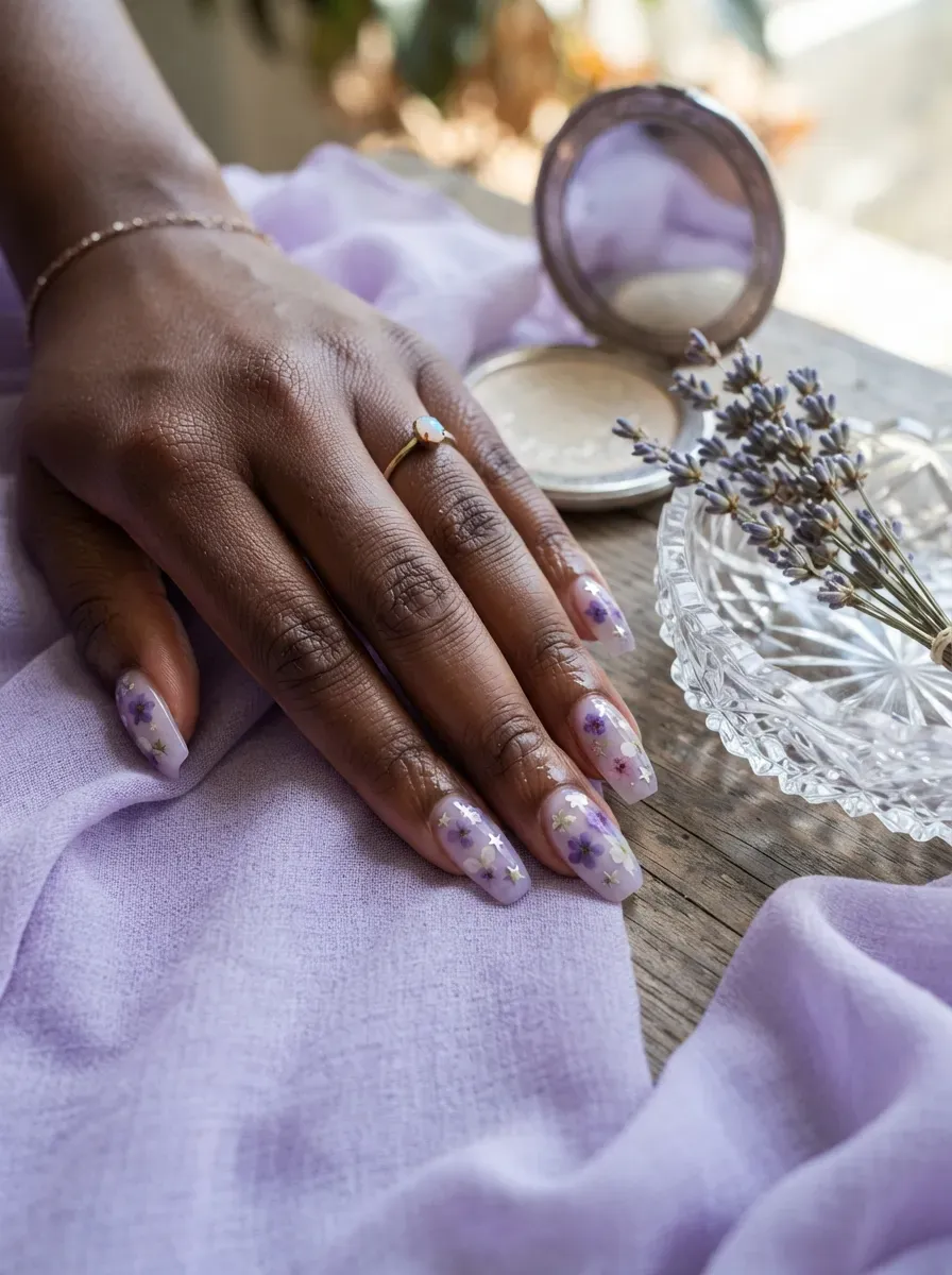 Lavender floral nails mixed with tiny silver stars and purple blossoms