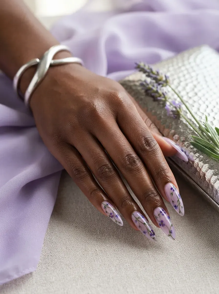 Long stiletto lavender nails with trailing floral vines and tiny blossoms