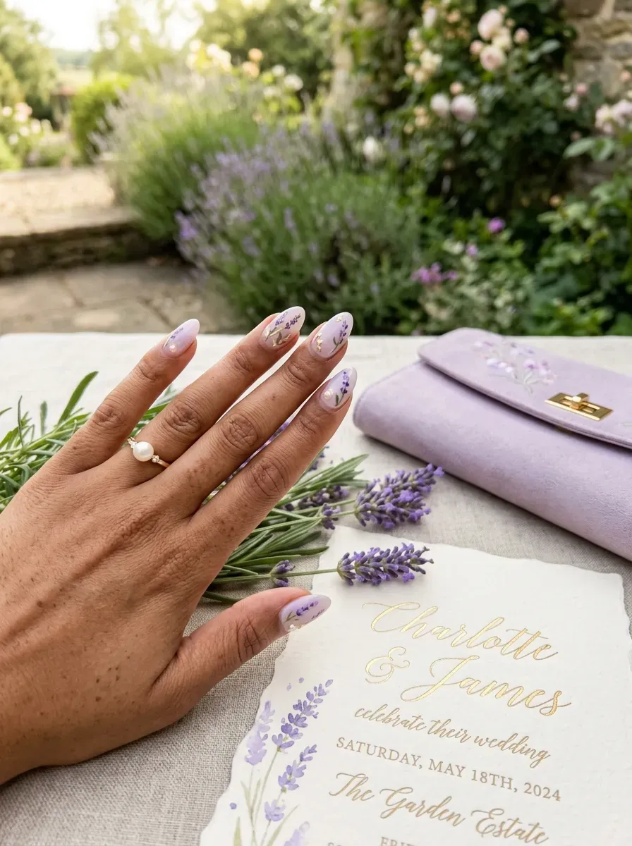 Lavender French tips on medium almond nails over warm brown skin