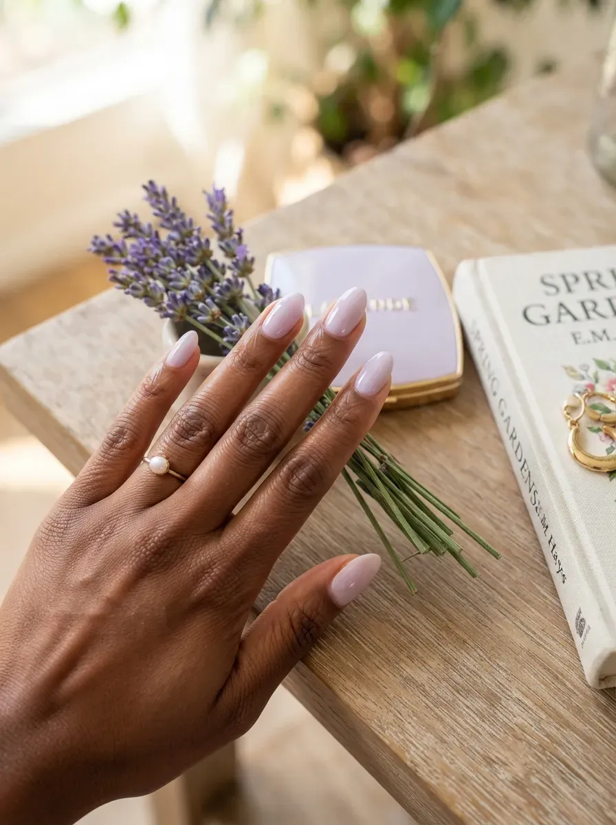 Lavender French tips on soft almond nails with brown warm toned skin