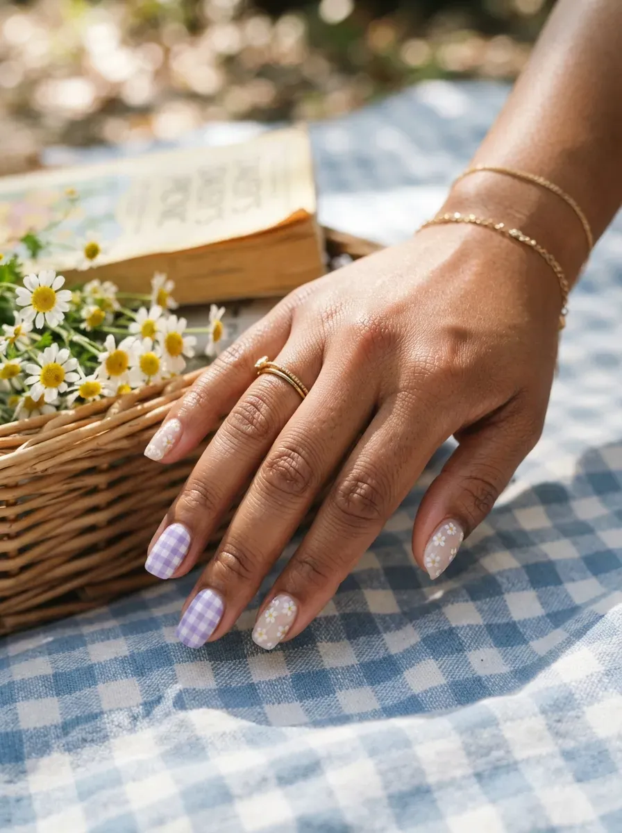 Lavender gingham nails mixed with miniature white flower accent designs