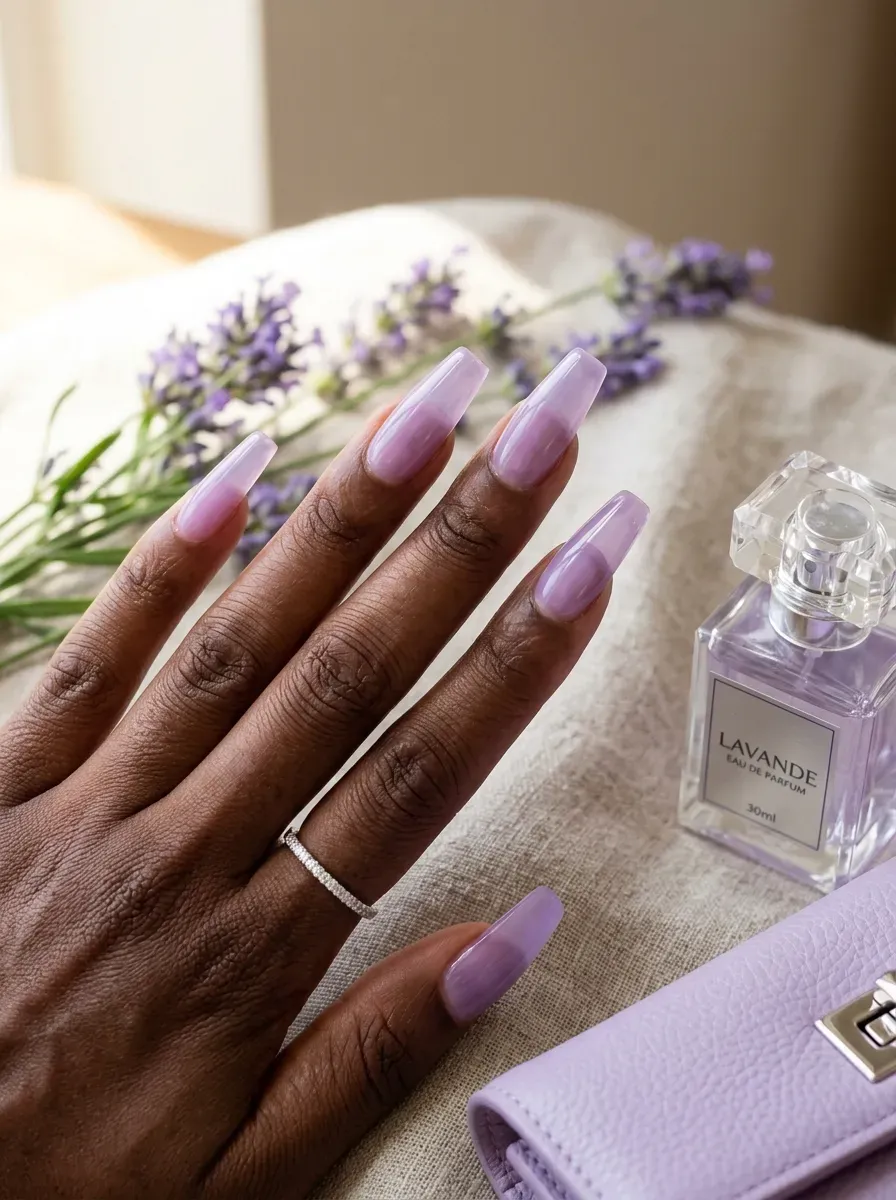 Long coffin nails with translucent lavender jelly polish on deep brown skin