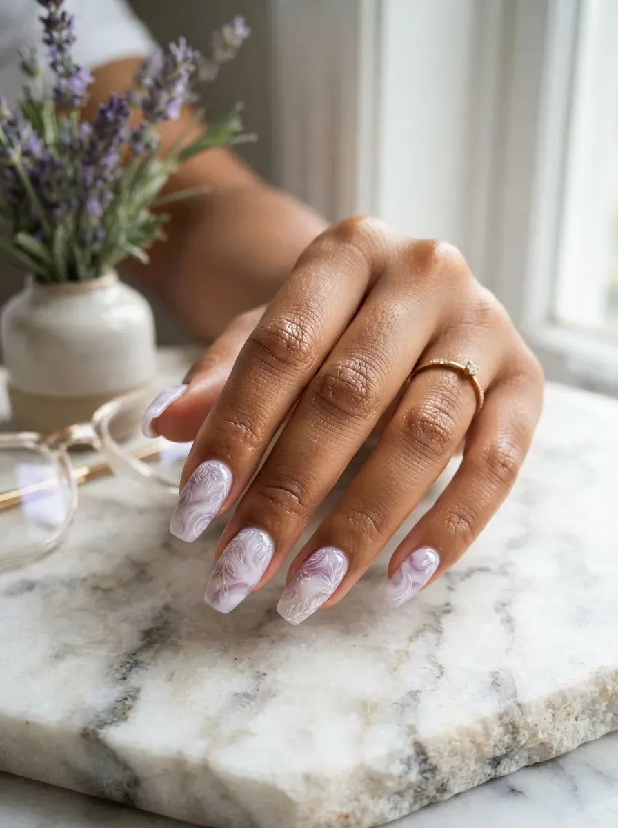 Lavender marble nails with fine white botanical line drawings on top