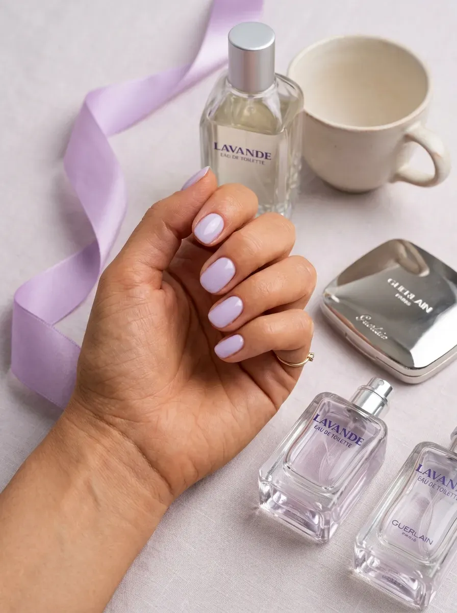 Short rounded nails painted with soft milky lavender polish