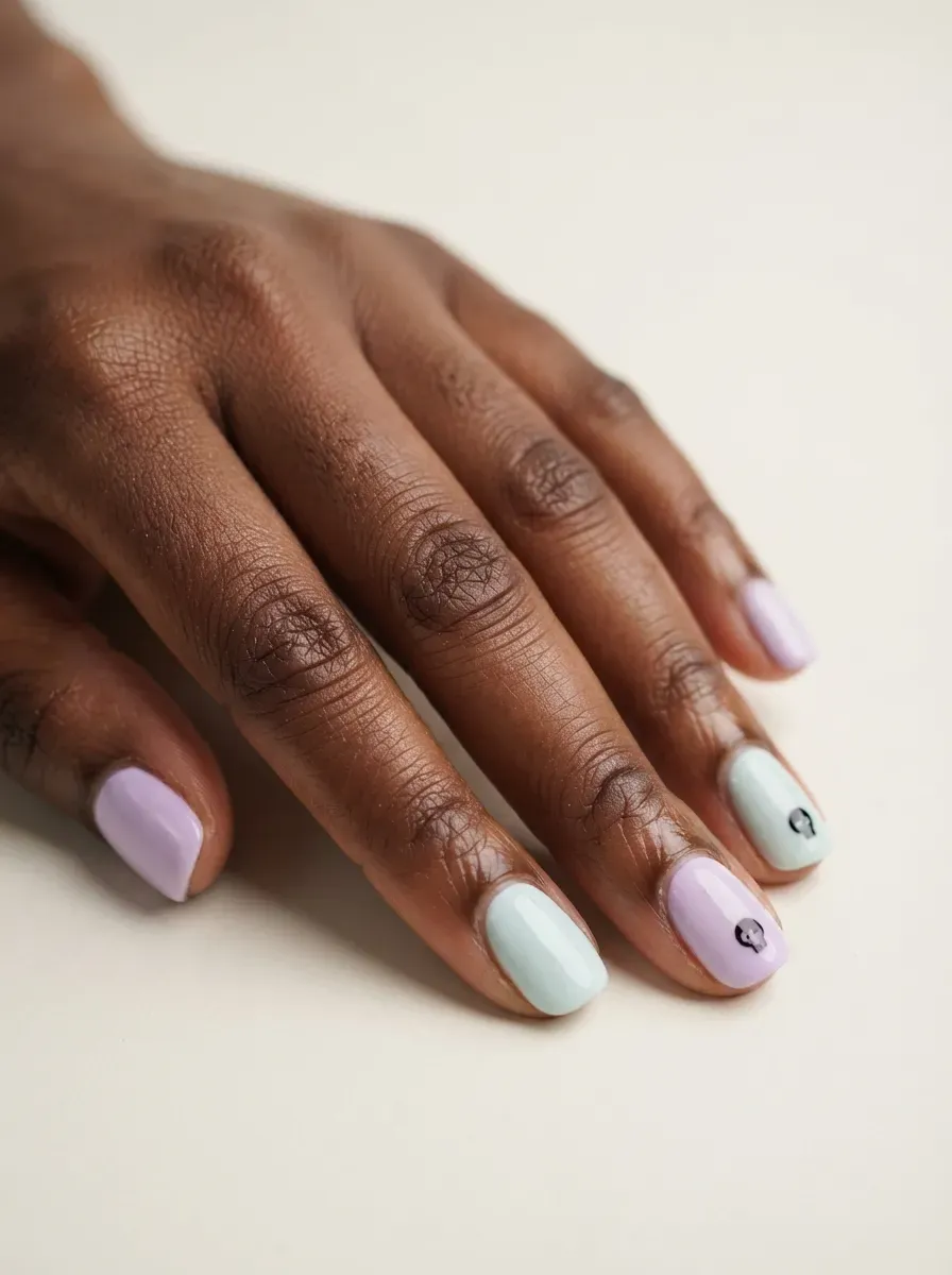 Lavender and mint nails with tiny black skull accents on deep chestnut skin