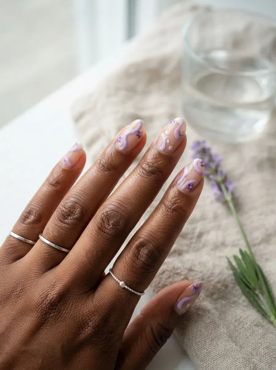 Clear negative-space nails with lavender flowers and curved botanical accents