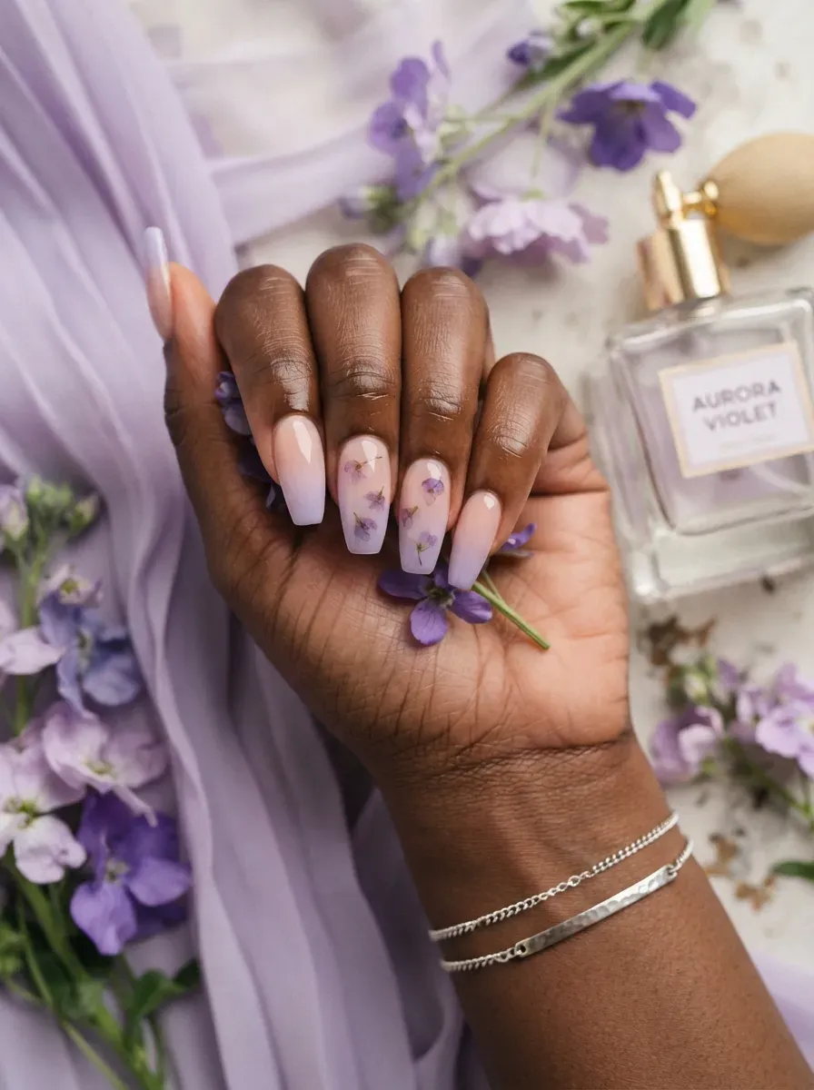 Lavender ombre coffin nails with scattered translucent purple flower petals