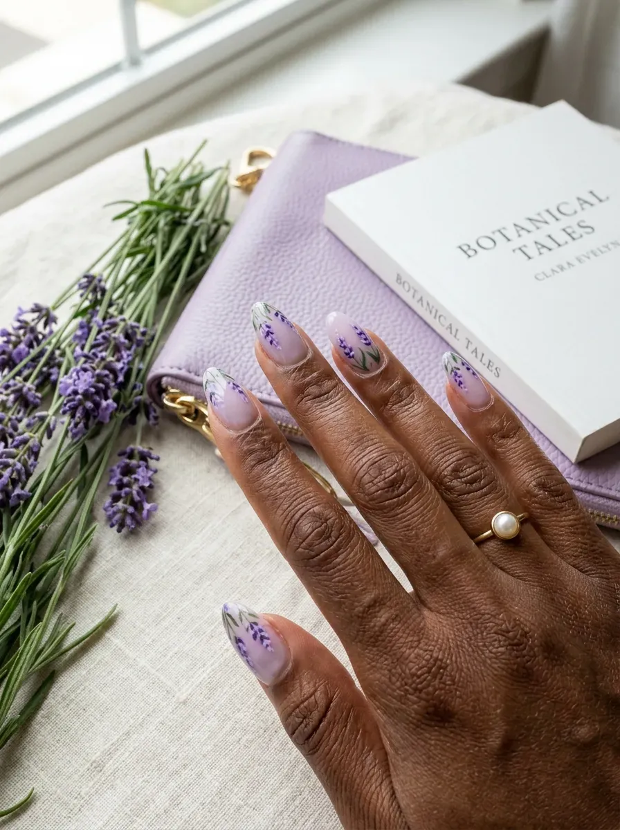 Lavender French ombré fading into nude almond nails on dark skin