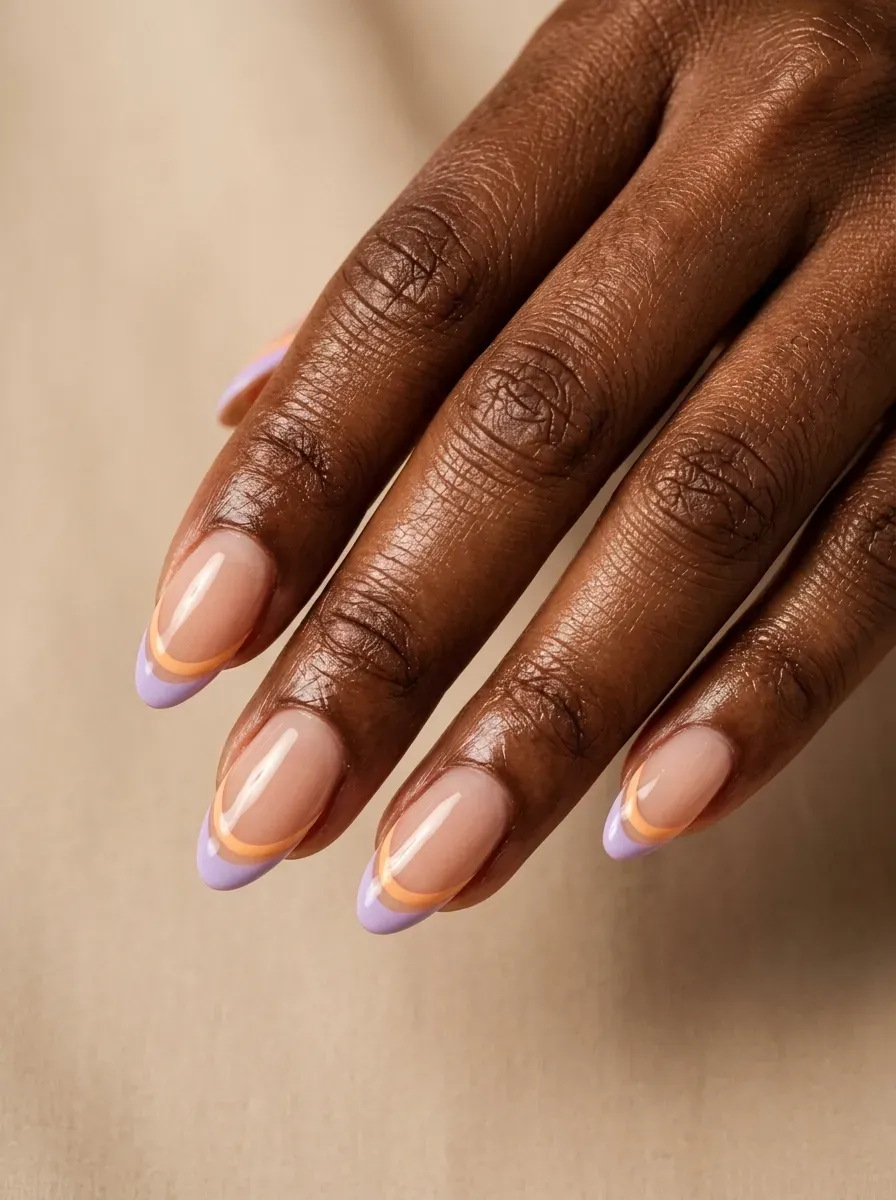 Medium almond nails with lavender and orange double French tips