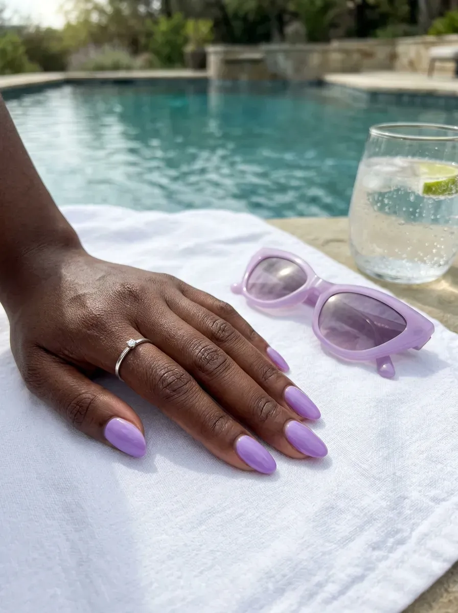 Glossy lavender oval nails on deep brown skin beside pool accessories