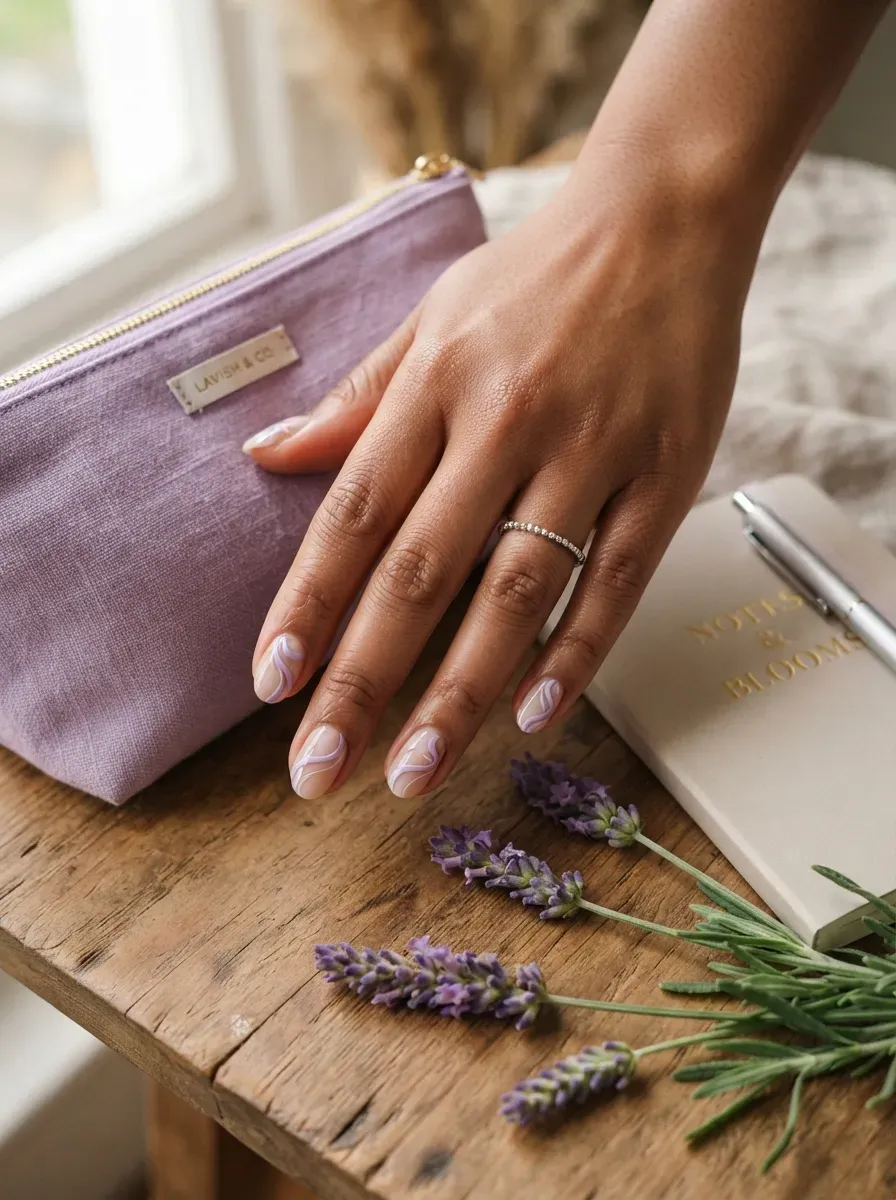 Short nude nails with curved lavender ribbon swirls on medium brown skin