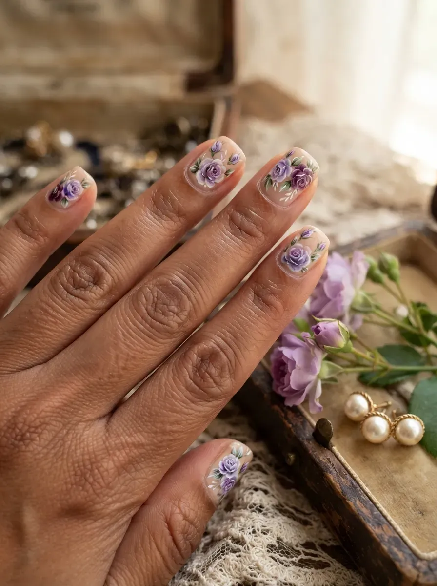 Short square nails with painted lavender roses over a creamy nude base