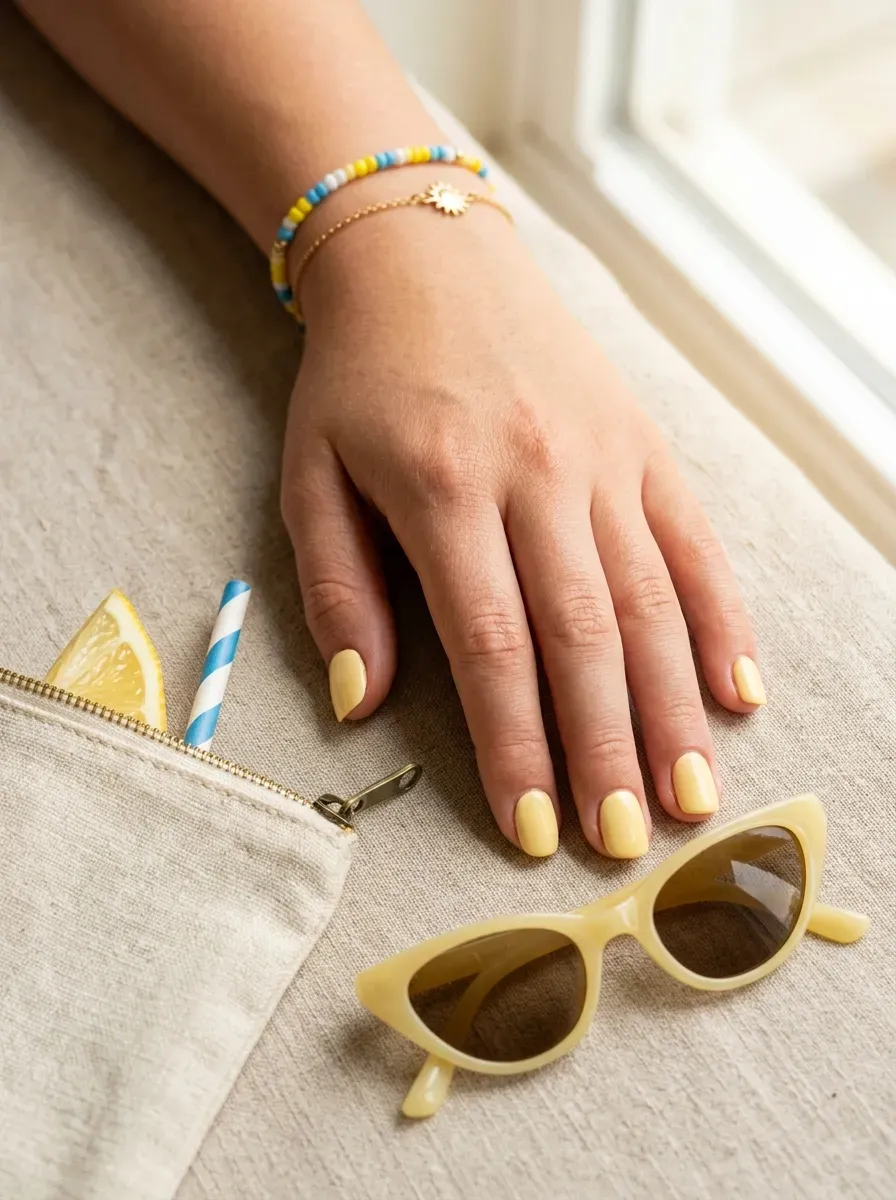 Short squoval nails painted with creamy lemonade yellow polish