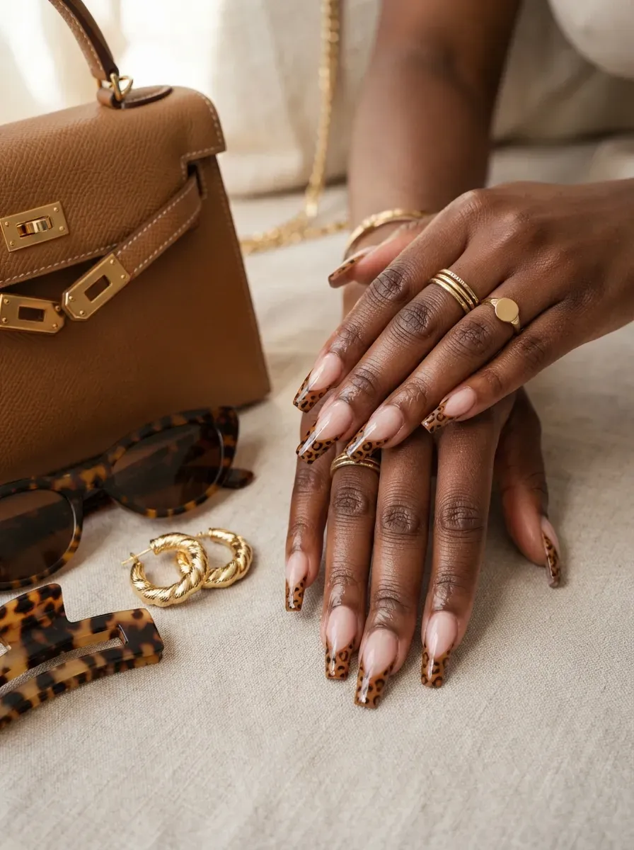 Leopard pattern deep French tips on coffin nails over brown skin