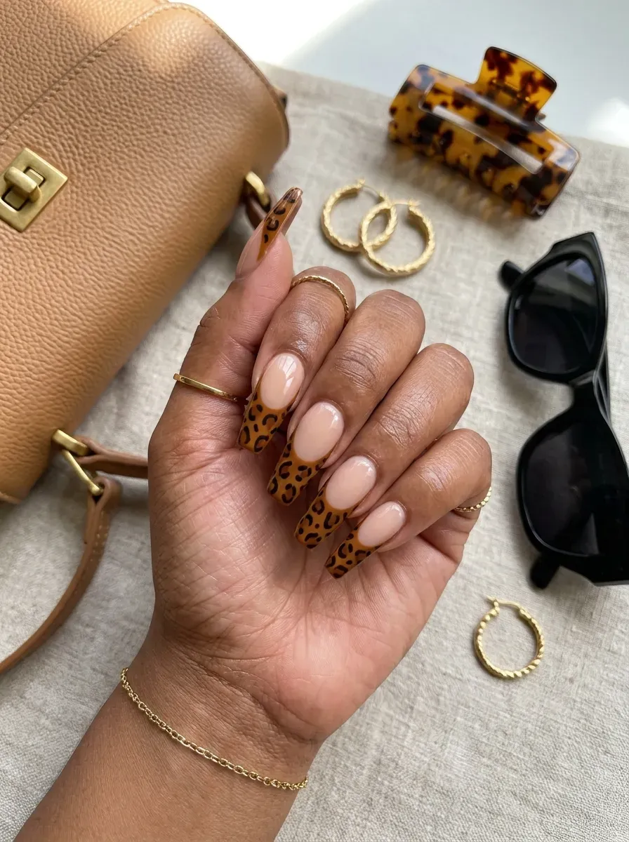 Long nude coffin nails with caramel leopard French tips on warm skin