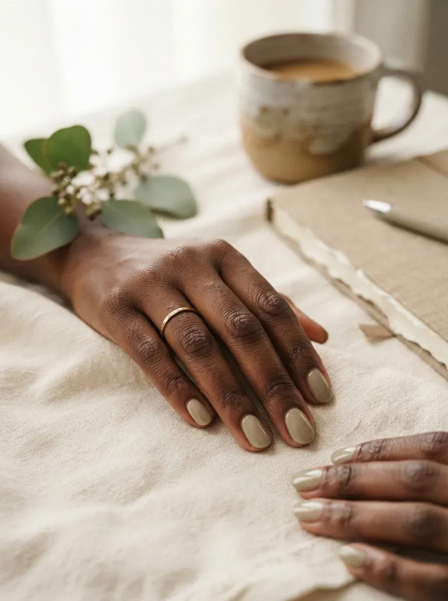 Light olive cream manicure on deep brown skin with botanical props