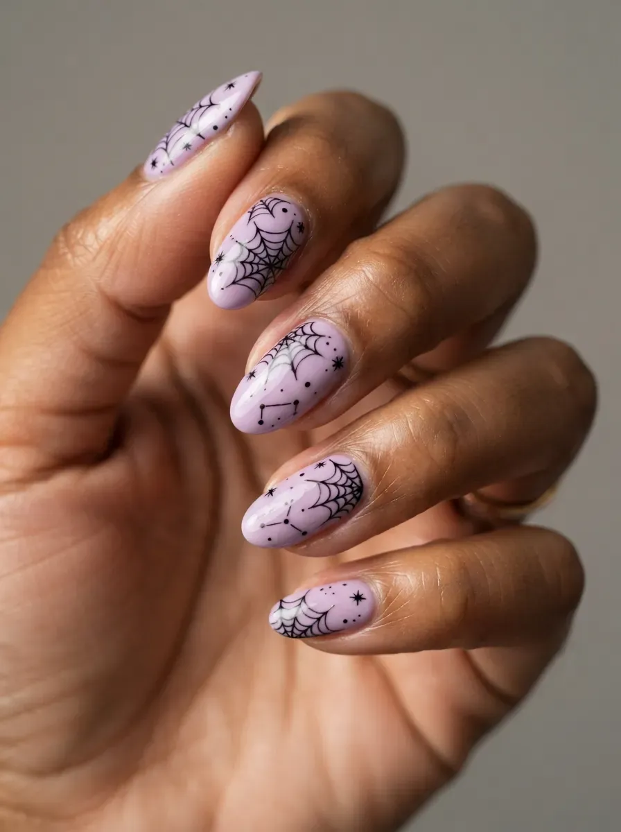 Lilac nails with black spiderwebs and tiny star details on warm brown skin