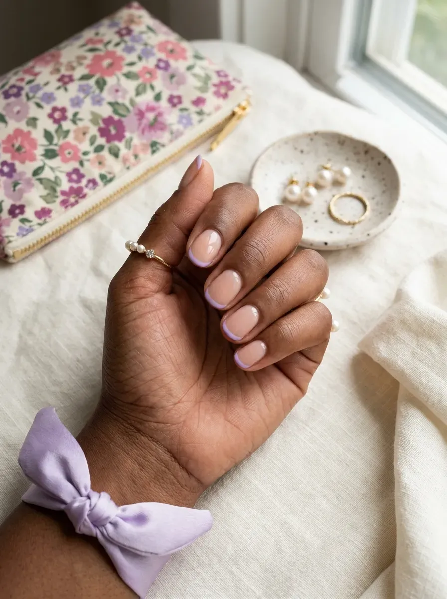 Thin lilac French tips on short round nude nails with chestnut skin