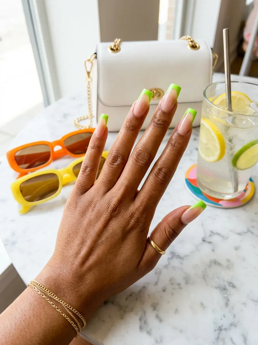 Long nude square nails with vivid lime green French tips on brown skin