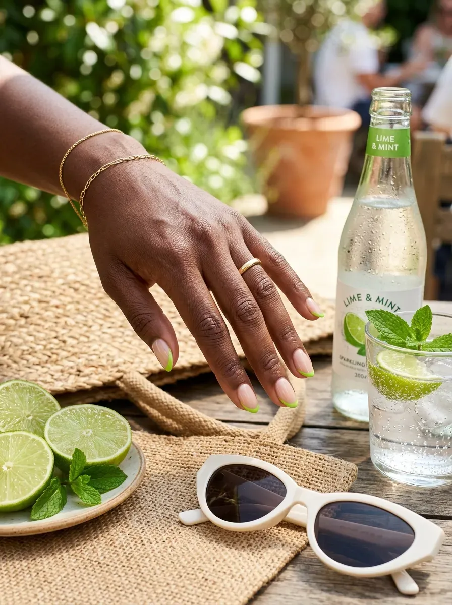 Short nude nails with bright lime micro French tips on dark skin