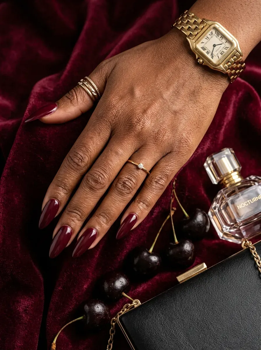 Long almond nails with burgundy French tips on deep brown skin