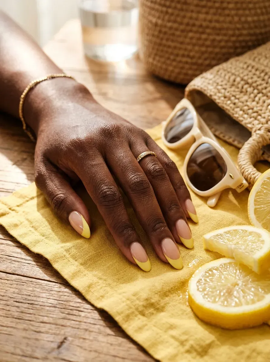 Long oval nails with butter yellow French tips on deep brown skin
