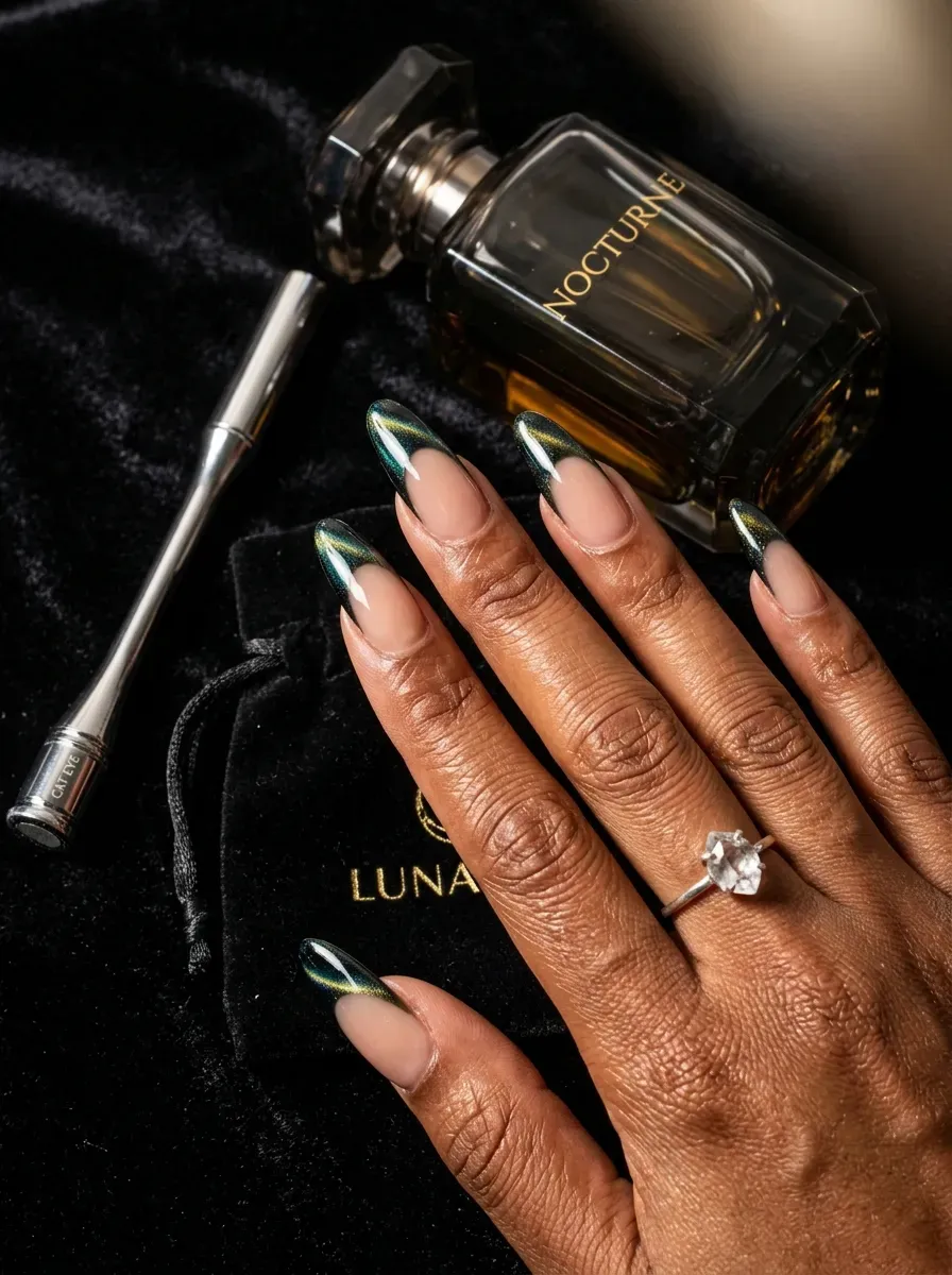Long almond nails with magnetic cat eye French tips on warm skin