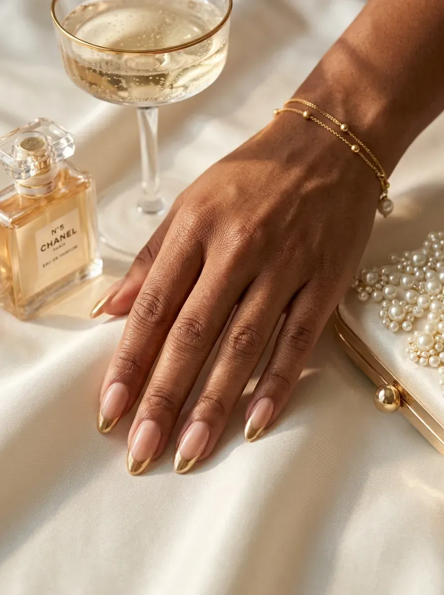 Long oval nails with champagne chrome French tips on brown skin