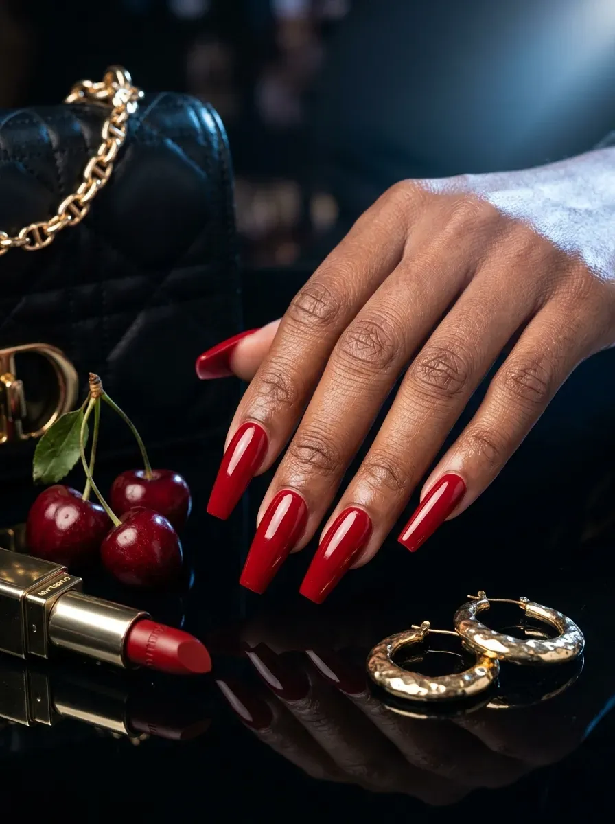 Long coffin nails with glossy cherry red French tips on brown skin