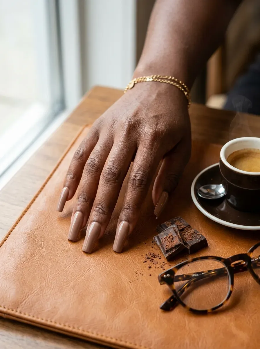Long square nails with chocolate brown French tips on chestnut skin