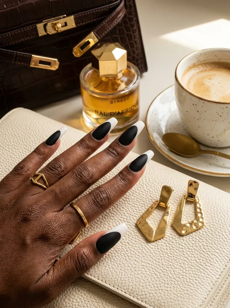 Long coffin nails with clean white French tips on chestnut skin