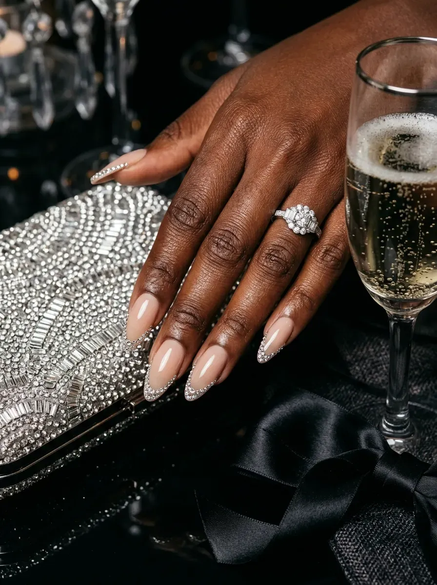 Long almond nails with crystals tracing French tips on deep brown skin