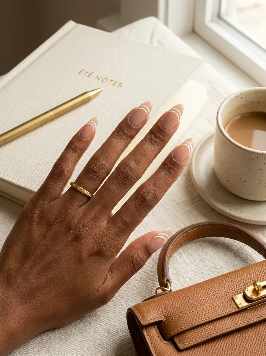 Long almond nails with two parallel white French tip lines