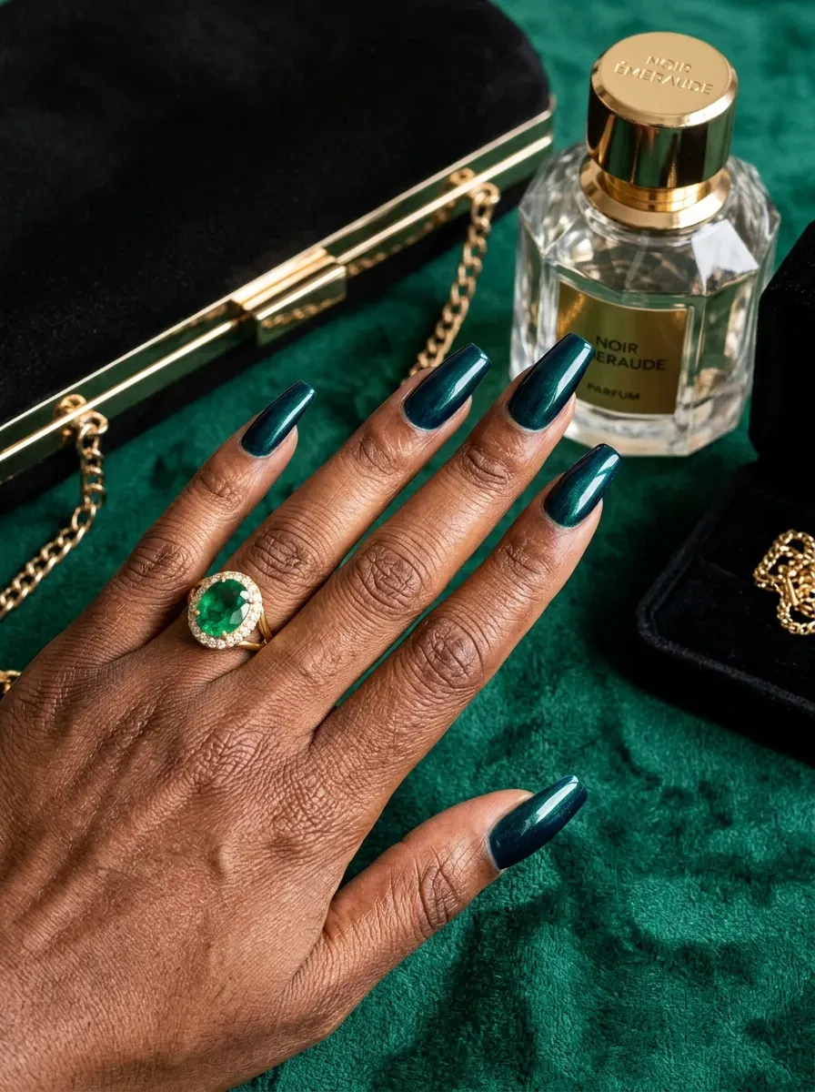 Long coffin nails with emerald French tips on chestnut skin