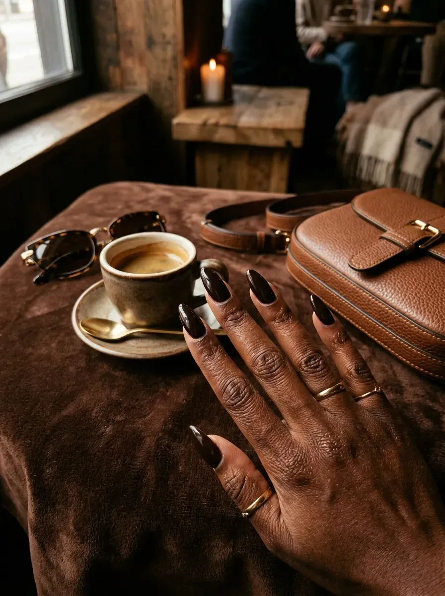 Long almond nails with espresso brown French tips on rich dark skin