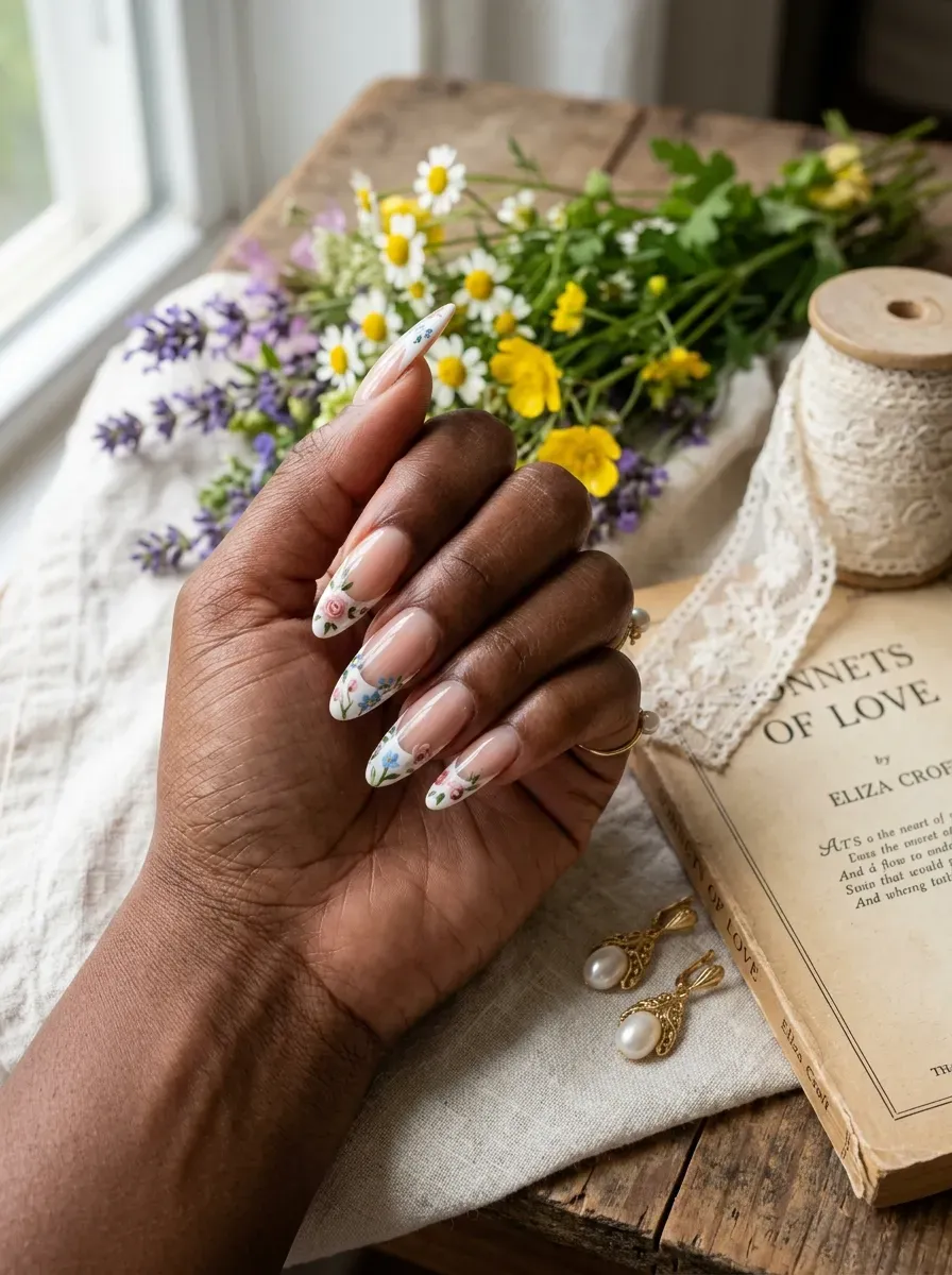 Long almond nails with tiny floral French tips on chestnut skin