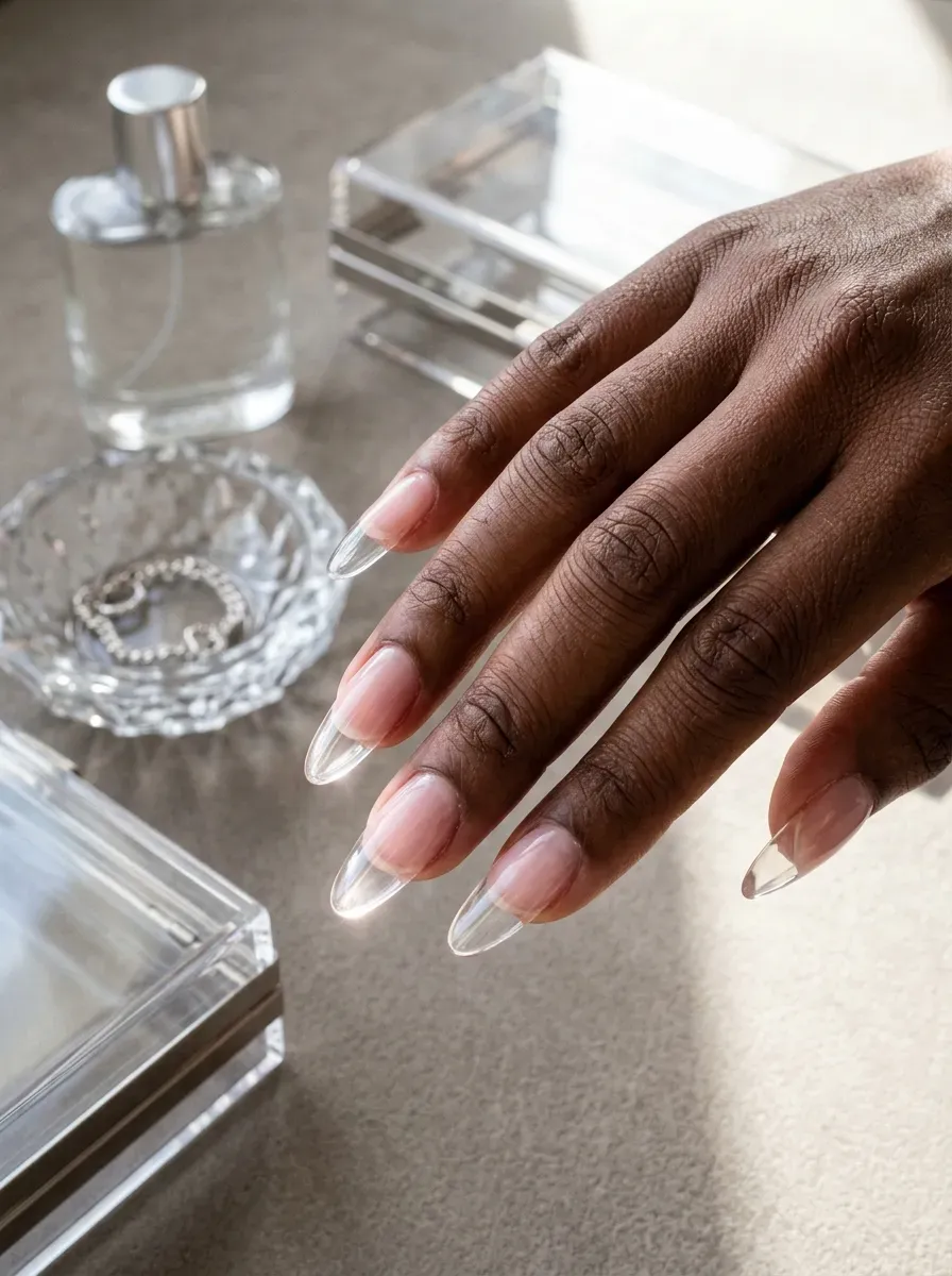 Long almond nails with crystal clear glass French tips on dark skin